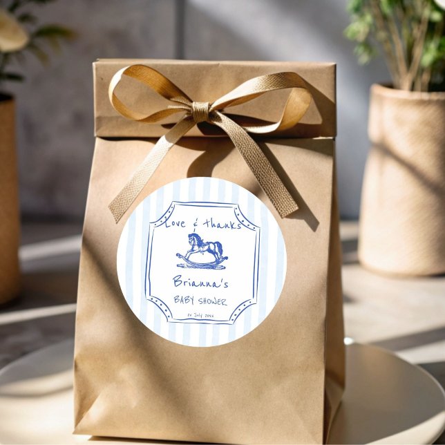 Blue rocking horse sketch baby shower favour classic round sticker (Blue rocking horse handrawn sketch vintage baby shower favor sticker personalized favor stickers)