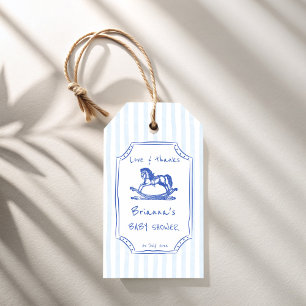 Blue rocking horse sketch baby shower favour gift tags