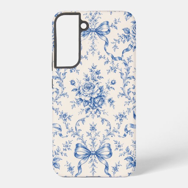 Blue Rococo Rose Ribbon Toile Phone Case (Back)