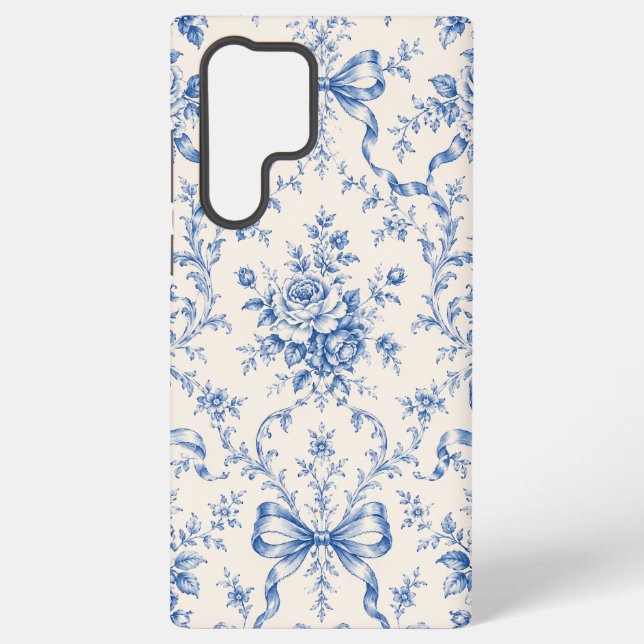 Blue Rococo Rose Ribbon Toile Phone Case (Back)