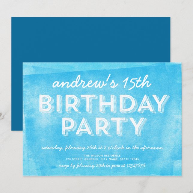 Blue Rolled Ink Any Age Birthday Invitation (Front/Back)