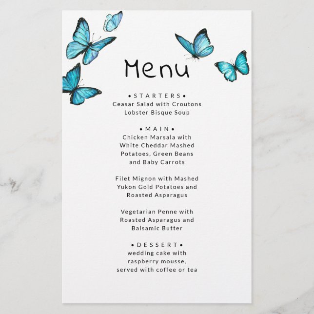 Blue romantic butterflies. Whimsical wedding menu (Front)