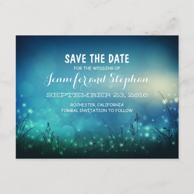 blue romantic night lights save the date postcards (Front)
