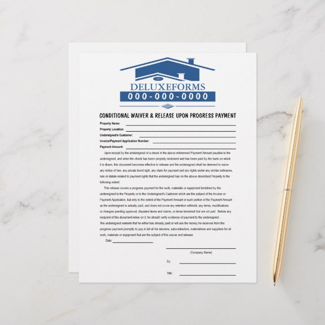 Blue Roof Conditional Waiver & Release Payment Custom Letterhead (Front/Back In Situ)