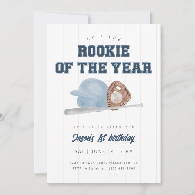 Blue Rookie of the Year Baseball First Birthday Invitation (Front)