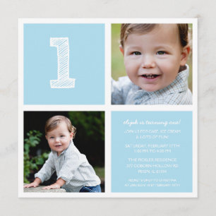 Blue Room for Squares First Birthday Party Photo Invitation