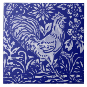 Blue Rooster Chicken Floral Farmhouse Rustic Art Tile