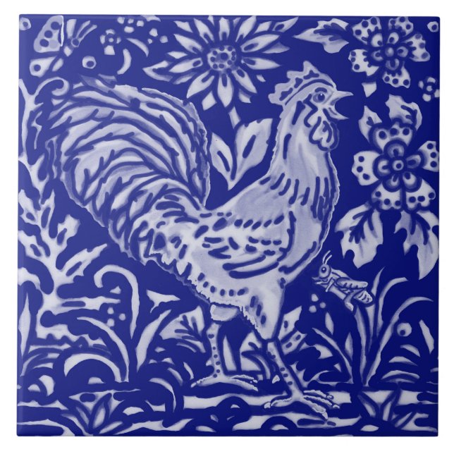 Blue Rooster Chicken Floral Farmhouse Rustic Art Tile (Front)