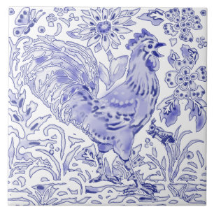 Blue Rooster Chicken Insect Farmhouse Rustic Art Tile