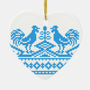 Blue Rooster cross-stitch Ceramic Tree Decoration