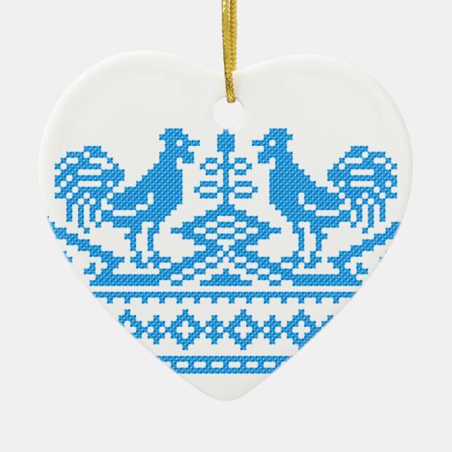 Blue Rooster cross-stitch Ceramic Tree Decoration (Front)