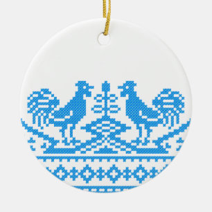 Blue Rooster cross-stitch Ceramic Tree Decoration