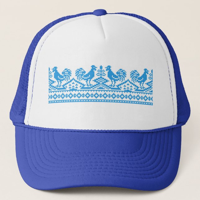 Blue Rooster cross-stitch Trucker Hat (Front)