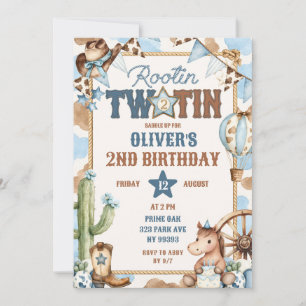 Blue Rootin Two-Tin Second Birthday Invitation