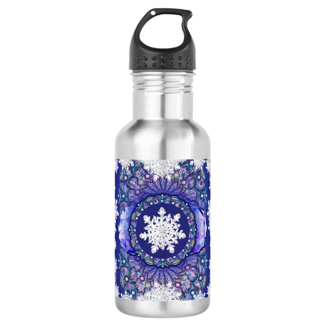 Blue rosace & snowflake 710 ml water bottle (Front)