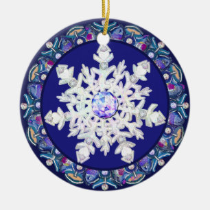 Blue rosace & snowflake ceramic tree decoration