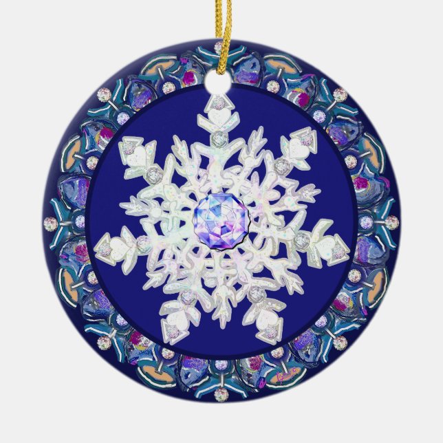 Blue rosace & snowflake ceramic tree decoration (Front)