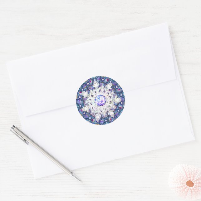 Blue rosace & snowflake classic round sticker (Envelope)