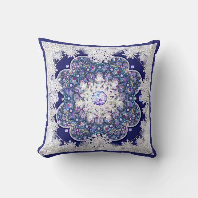 Blue rosace & snowflake cushion (Front)