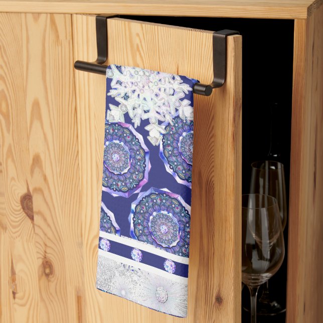 Blue rosace & snowflake tea towel (Thirds Fold)