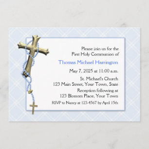 Blue Rosary Beads, Cross, Religious Invitation