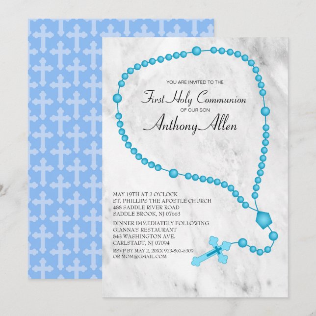 Blue Rosary Beads First Holy Communion Invitation (Front/Back)