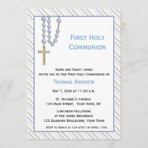 Blue Rosary Beads, Stripes, Religious Invitation