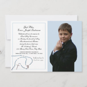 Blue Rosary Communion Photo Invitation