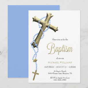 Blue Rosary Decorated Gold Cross Baptism Invitation