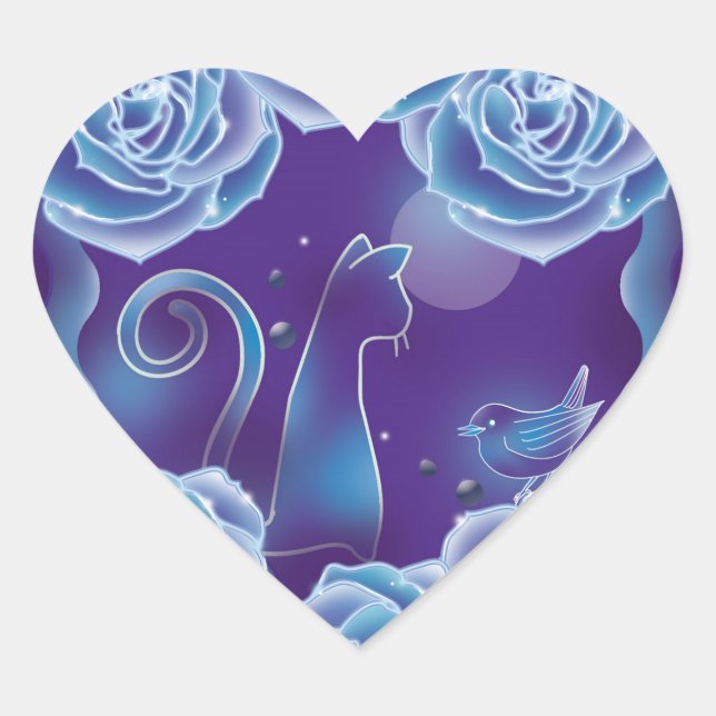 Blue rose and blue cat　青いバラと青い猫 heart sticker (Front)