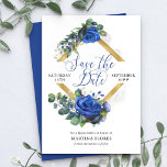 Blue Rose and Eucalyptus Elegant Quinceanera Save The Date<br><div class="desc">Blue Rose and Eucalyptus Quinceanera Save the Date - which you can easily modify to suit any occasion! The design features elegant calligraphy, rose flowers, eucalyptus leaves and greenery. The floral arrangement is set in a gold geometric diamond shaped frame. If you would like matching products, please browse my collection...</div>