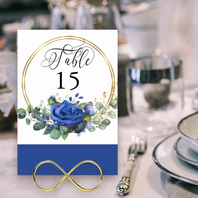 Blue Rose and Eucalyptus Gold Frame Table Number (Elegant Table Number set in a gold frame with blue rose floral arrangement )