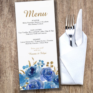Blue Rose and Gold Leaf Editable 3 Course Menu