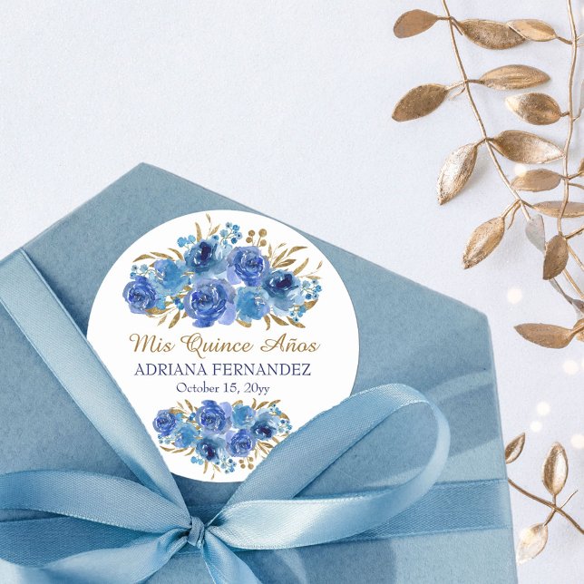 Blue Rose and Gold Leaf Mis Quince Anos Classic Round Sticker (Mis Quince sticker for stationery, favors and party decor, from my Blue Rose & Gold Leaf collection)
