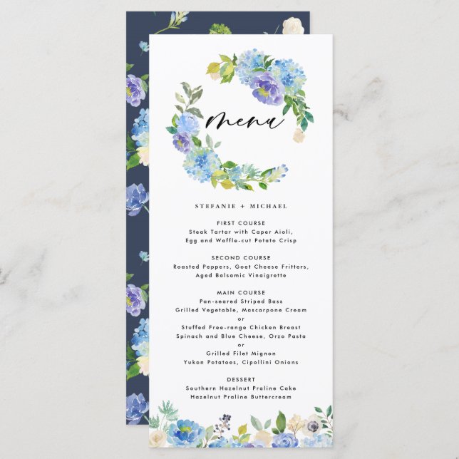 Blue Rose and Hydrangea Floral Wreath Wedding Menu (Front/Back)