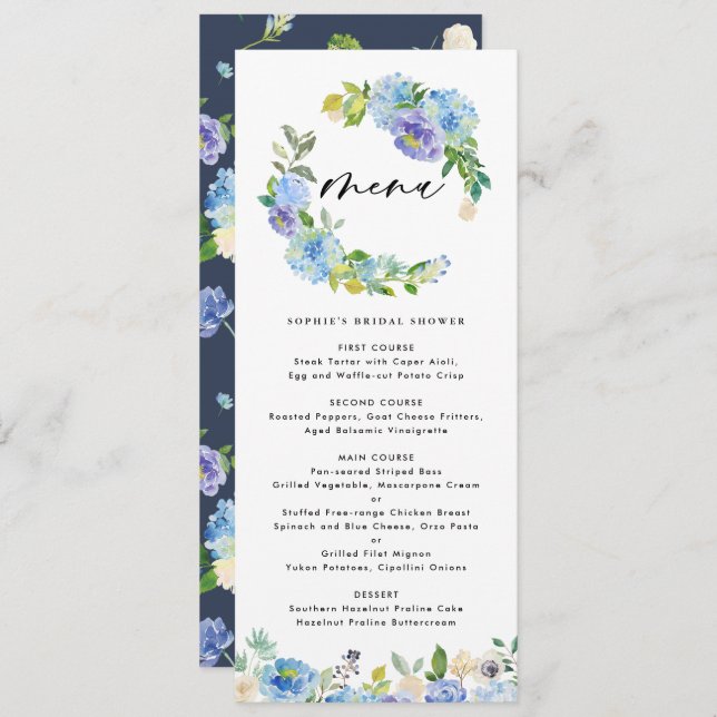 Blue Rose and Hydrangea Wreath Bridal Shower Menu (Front/Back)