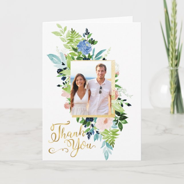 Blue Rose and Peach Floral Wedding Photo Thank You Card (Front)