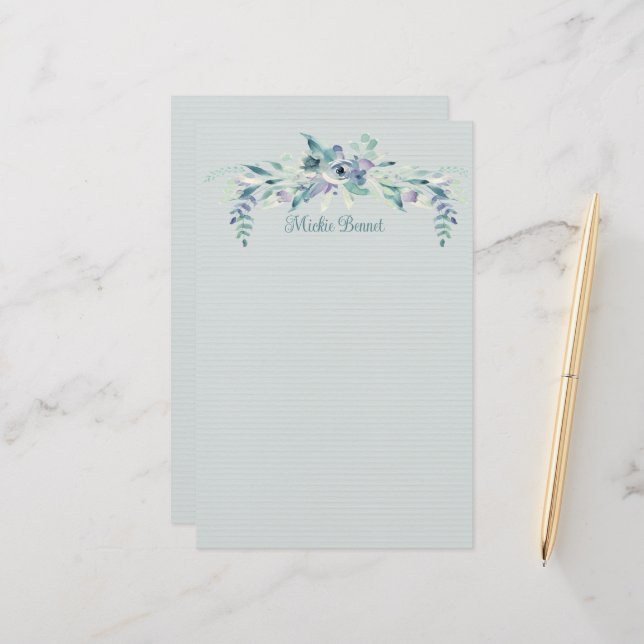 Blue Rose and Teal Personalised Stationery (Front/Back In Situ)