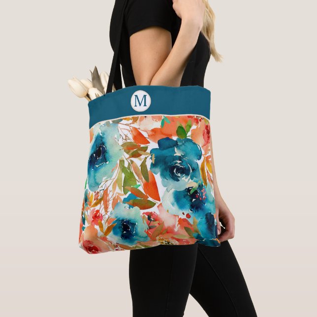 Blue Rose Autumn Floral Monogram Tote Bag (Close Up)