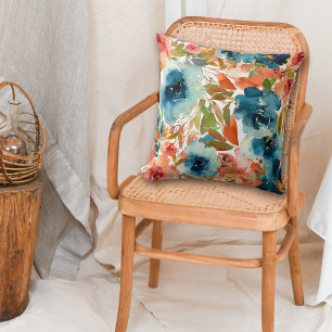 Blue Rose Autumn Floral Pattern Cushion