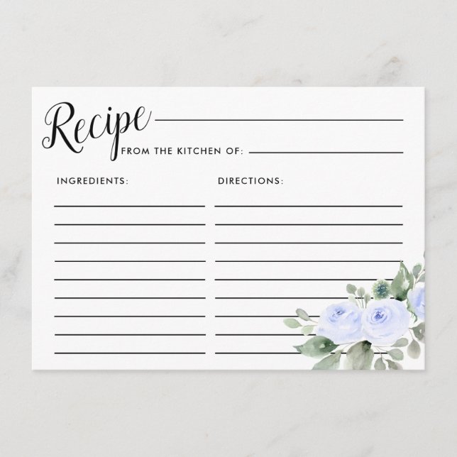 Blue Rose Botanical Bridal Shower Recipe Card (Front)
