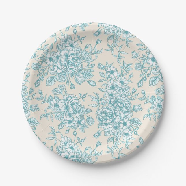 Blue Rose Bouquet Garden Floral Pattern Paper Plate (Front)