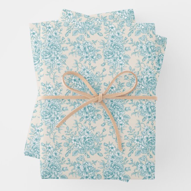 Blue Rose Bouquet Garden Floral Pattern Wrapping Paper Sheet (In situ)