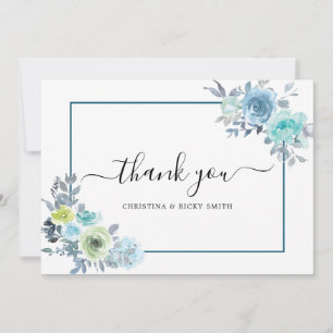 Blue Rose Bouquet Watercolor Flowers Wedding Thank You Card