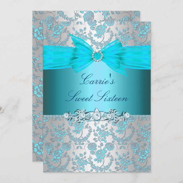 Blue Rose Bow Sweet Sixteen Invite (Front/Back)