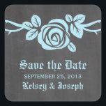 Blue Rose Chalkboard Save the Date Stickers<br><div class="desc">Sweet and pretty Rose Chalkboard Save the Date Stickers in light blue featuring a single lovely rose on a vine on a chalkboard look background. This elegant design is perfect for announcing your spring or summer wedding. Easy to customise, simply add your wedding details in the text fields provided. Click...</div>