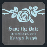 Blue Rose Chalkboard Save the Date Stickers<br><div class="desc">Sweet and pretty Rose Chalkboard Save the Date Stickers in light blue featuring a single lovely rose on a vine on a chalkboard look background. This elegant design is perfect for announcing your spring or summer wedding. Easy to customise, simply add your wedding details in the text fields provided. Click...</div>