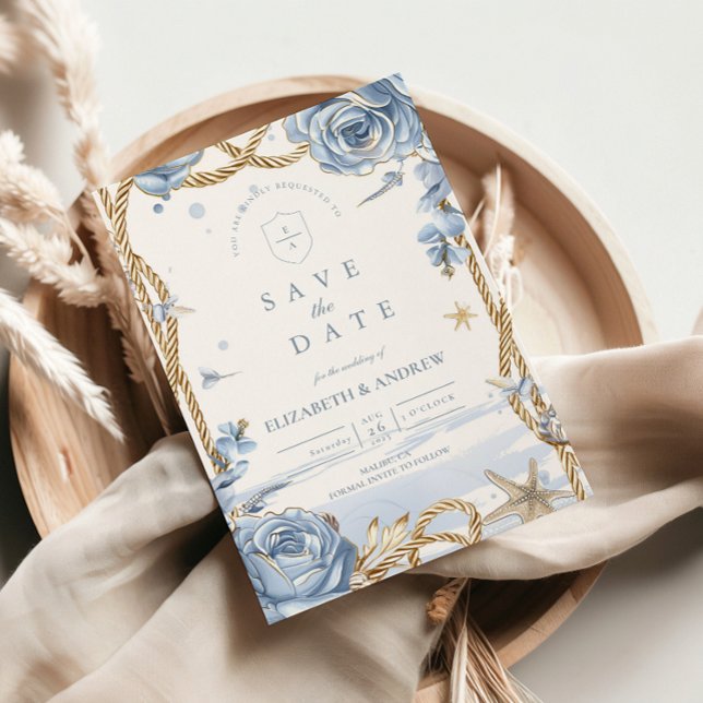 Blue Rose Coastal Rope Wedding Save The Date (Creator Uploaded)