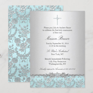 Blue Rose & Cross Baptism/Christening Invitation