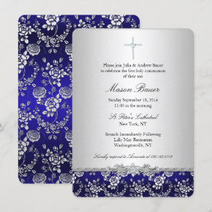 Blue Rose & Cross Baptism/Christening Invitation